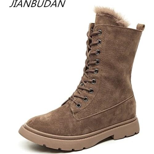 JIANBUDAN Genuine Leather Winter motorcycle boots Plush fur warm Womens snow boots Mid Calf boots New product womens shoes