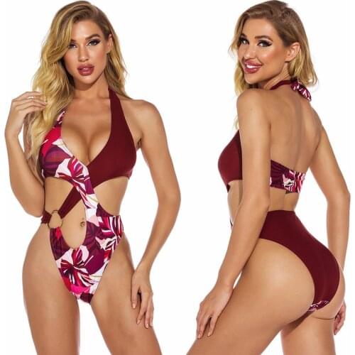 Floral Swimsuit Fashion Womens Monokini Sexy Bandage Swimwear Halter Bathing Suit Womens Bodysuit Leisure Party Club Beachwear