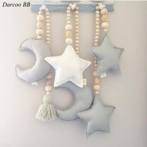Nordic Style Wooden Bead Stuffed Moon Star Toys Rattles Baby Wood Toys Crib Tent Decorations