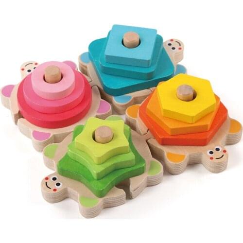 Baby Kids Wooden 4 Column Blocks Sets Educational Geometric Shape Matching Toys for Children Animal Stacking