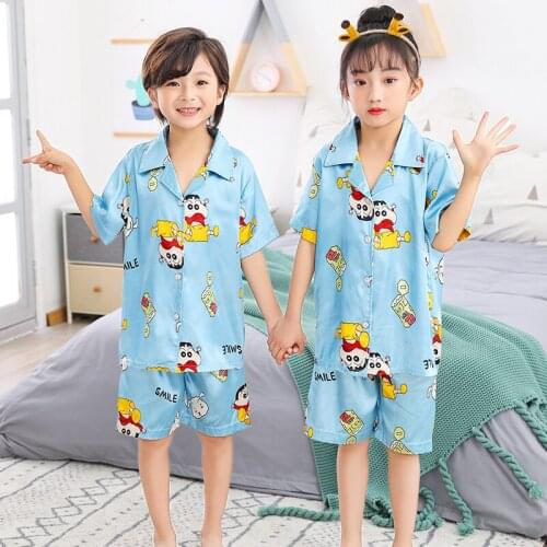Boys Silk Pajamas Summer Short Sleeve Childrens Cloth Girl Sleepwear Sets Girls Pyjamas Sets for Kids Nightwear Homewear Set