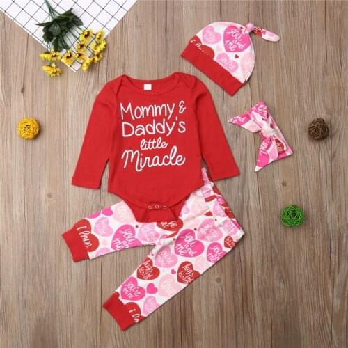 Newborn Baby Girl Clothes 4 Piece Set for Valentines Day Long Sleeve Letter Print Bodysuit Headband Pants Hat 0-18M