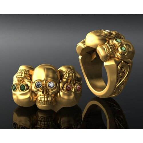 FDLK Exquisite New Hip-hop Three Skulls Mens Ring Punk Style Mixed Color Eyes Mens Jewelry Party Ring Punk Mens Rings