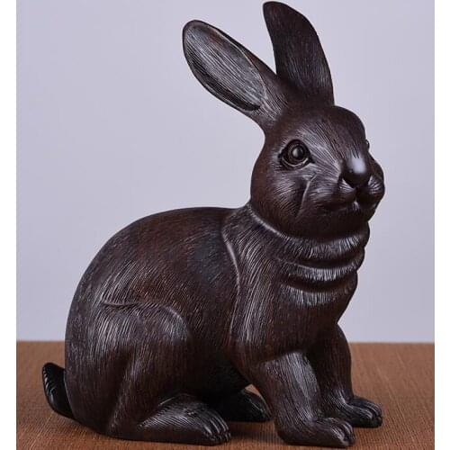 Chrysanthemum pear mahogany carving Ebony carved rabbit solid wood animal zodiac rabbit lucky Handmade sculpture