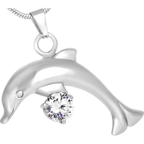 IJD8289 Hold Big Crystal Keepsake Stainless Steel DOLPHIN Cremation Necklace Jewelry Ashes Urn Pendant for Animal/Pet