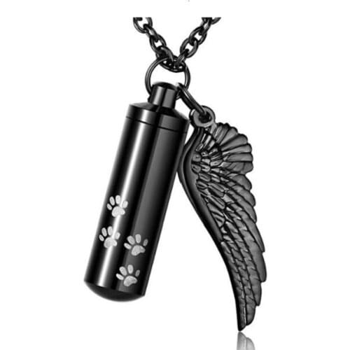IJMD0074 Black Color Angel Wing Charm & Cylinder Memorial Urn Necklace Stainless Steel Cremation Jewelry for Ashes
