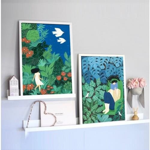 Summer Night Canvas Painting,Jungle Petite Poster,Flowers,Green Leaves,Book Wall Picture,Boys and Girls Room Decoration