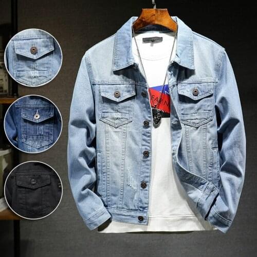 New denim jacket men spring autumn simple ripped Cotton Soft Jeans Coats Streetwear Long Sleeve Outerwear Many pockets