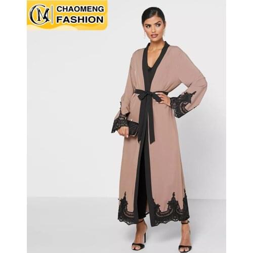 Middle East Fashion Ramadan Patchwork Lace Long Cardigan Muslim For Women Dubai Abaya Maxi Robe Kimono Turkish Islamic Clothing