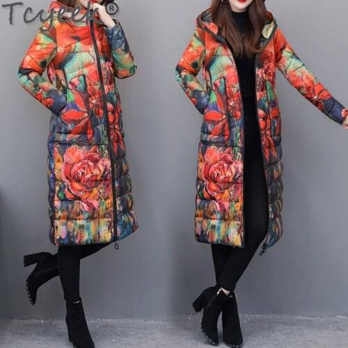 Tcyeek Fashion 6XL Womens Down Jacket Winter Coat Female Clothes 2020 Long Floral Down Parka Hooded Ladies Overcoat Hiver 1858