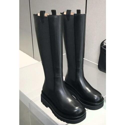 Moraima Snc Autumn Round Toe Platform Woman Boots Black Leather Vintage Knee High Boots Thick Heels Riding Boots