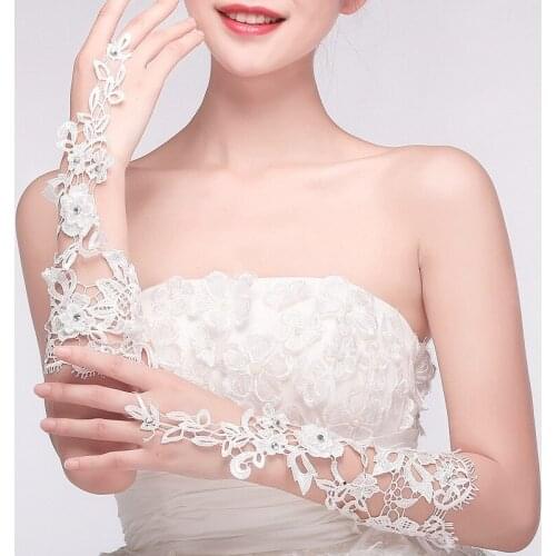 Bride Lace Wedding Gloves Elbow Length Long Lace Appliqued Crystal Beaded Wedding Gloves Fingerless Guantes Boda