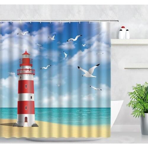 Ocean Scenery Birds Beach Lighthouse Shower Curtains Children Bathroom Decor Screens Wall Hanging Cloth Waterproof Bath Curtain