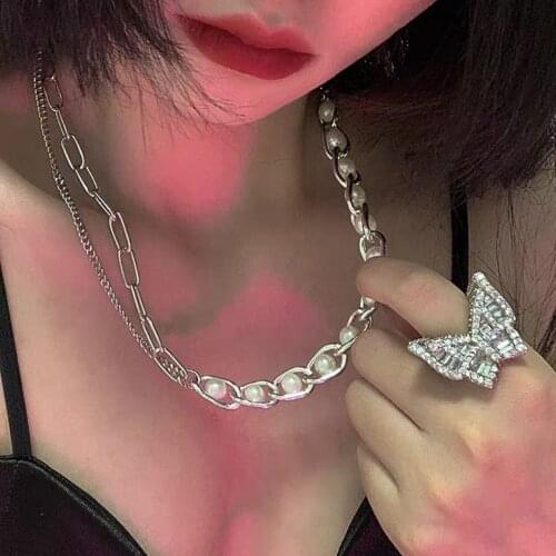 Guochao metal stitching irregular chain pearl necklace jewelry