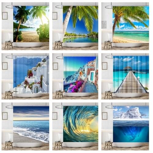 Beach High Quality Polyester Fabric Waterproof Shower Curtain 3D Washable Home Decor Nordic Style Building Bathroom Curtains