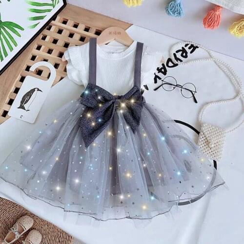 Girls Shirts and Sequins Mesh Dress Clothing Sets Summer Child Kids White Ruffle Armhole Tops Front Bow Cute Princess Dress New