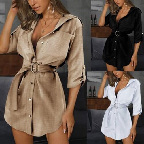 Fashion Autumn Long Shirt Dress Women Half Sleeve Buttons Cotton Linen Sundress Casual Loose Solid Vestido