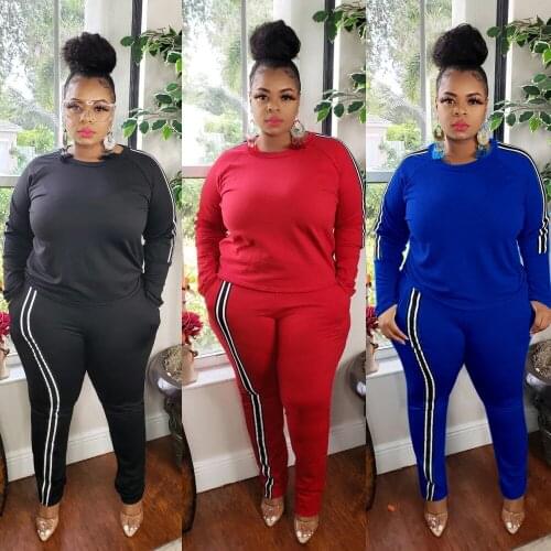 Sexy Casual Fashion Woven Edge round Neck shirt lady pants Two-Piece clothes plus size black red blue