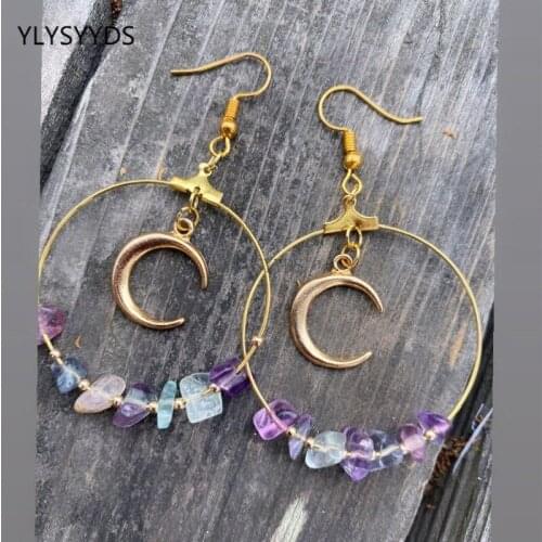 Witch Bohemia Moon Rainbow Fluorite Hoop Earrings Dangle Jewelry Healing Halloween Statement Delicacy Jewelry Women Gift