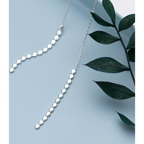 1pair Authentic Real 100% 925 Sterling Silver fine Jewelry DISC COIN Round Geometric ear line Threader dangle Earrings gtle2835