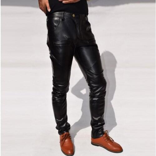 Warm windproof motorcycle faux leather pants men tight trousers pu pants for men pantalon homme splice black fashion modern