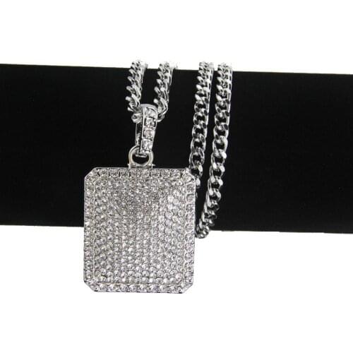 Hip Hop Full Rhinestones Paved Bling Iced Out Square Dog Tag Pendants Necklace for Men Rapper Jewelry with 30inches cuban chain