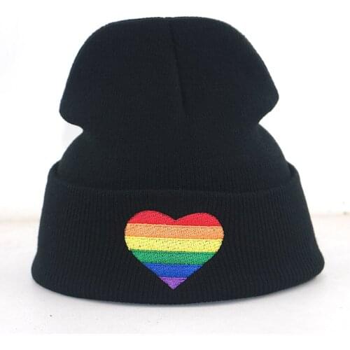 Rainbow heart knitted beanie hat cartoon embroidery autumn winter hats cotton flexible hip hop beanies warm ski cap unisex