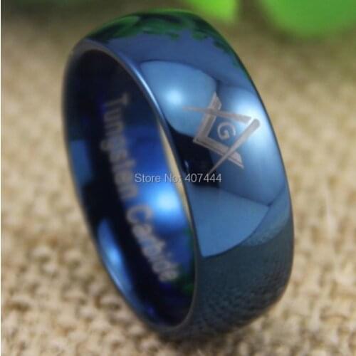 Free Shipping YGK JEWELRY Hot Sale 8MM Comfort Fit Freemason Masonic New Mens Blue Dome Tungsten Wedding Ring