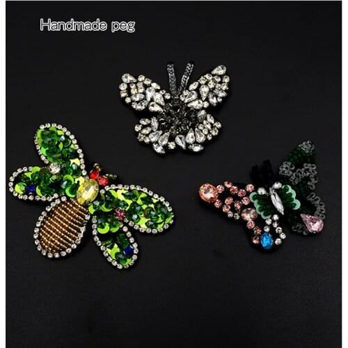 1pc Handmade Green Sequins Beads Rhinestone Bee Patches Applique Sew On Butterfly Clothes Shoes Bags Decoration DIY Patch