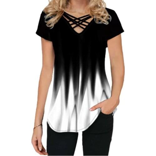 Lady Dye Gradient Print T Shirt Women Short Sleeve V-Neck Cross Top Plus Size Female T Shirts Casual Tops Summer New Clothing