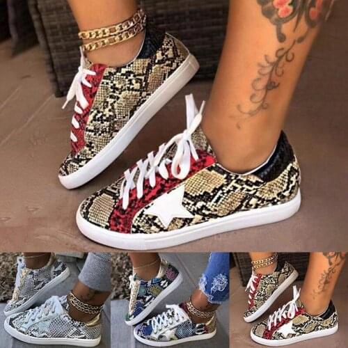 Vulcanize Shoe PU Leather Flat with Snake Pattern Shoes Women Lace-up Fashion Printed Female Sneakers New Leisure Women Footwear