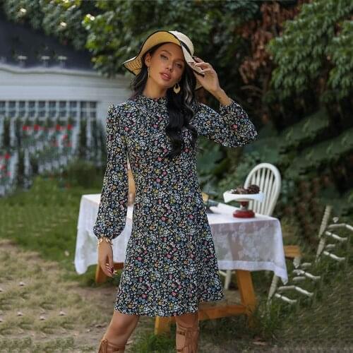 Womens Autumn And Summer Dresses Fashion Printed Stand Up Collar Casual Loose Long-sleeved Dresses 2021 Woman Office Dresses