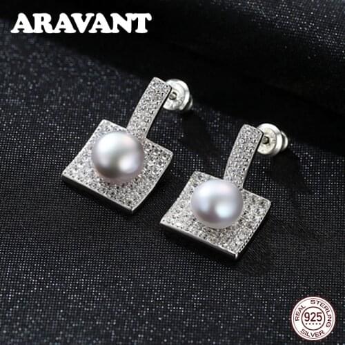 New Design 925 Sterling Silver Pave Zircon Square Stud Earrings For Women Fashion Statement Pearl Stud Earrings Jewelry