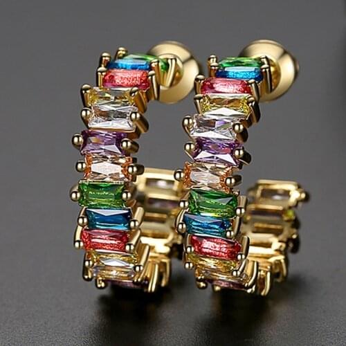 Women Ear Stud Earring AAA Cubic Zircon Colors Exquisite Small Party Evening Earrings Copper Alloy Curve Jewelry Accessories New