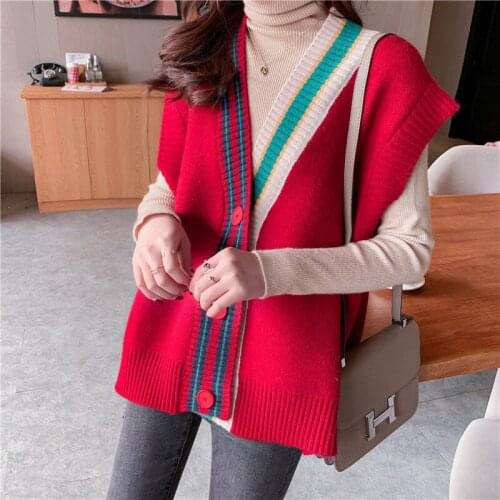 Woman Knitted V-Neck Sweater Vest 2021 Spring Autumn Female Retro Sleeveless Jackets Cardigan Ladies Solid Color Waistcoat Q255