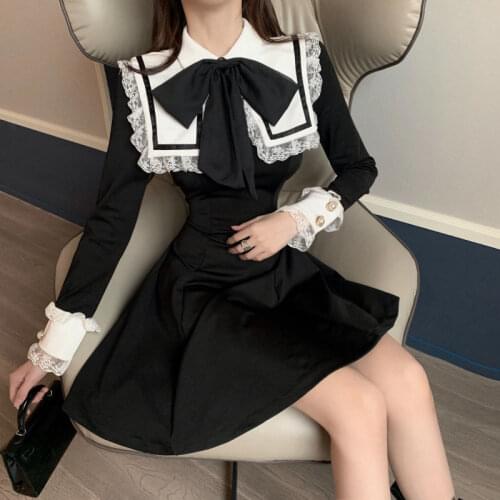 Harajuku French Gothic Dark Lolita Maid Dress Tender Vintage Elegant Sexy Woman Sailor Collar Bow Offiec Lady Court Fairy Dress
