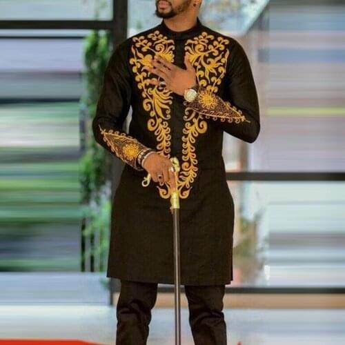 2021 New Mens Mid-length Printed T-shirt Dashiki Slim Long Sleeve Top African Mens Fashion Muslim Casual Shirt Plus Size