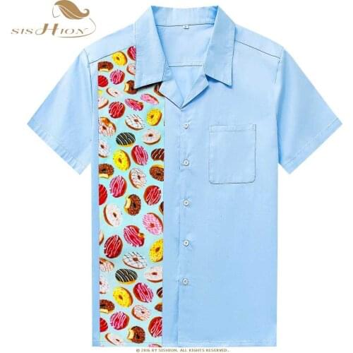 2021 New Light Blue Brown Men Shirt ST110 Dounghnut Print Patchwork Vintage Retro Men Casual Shirts chemise homme