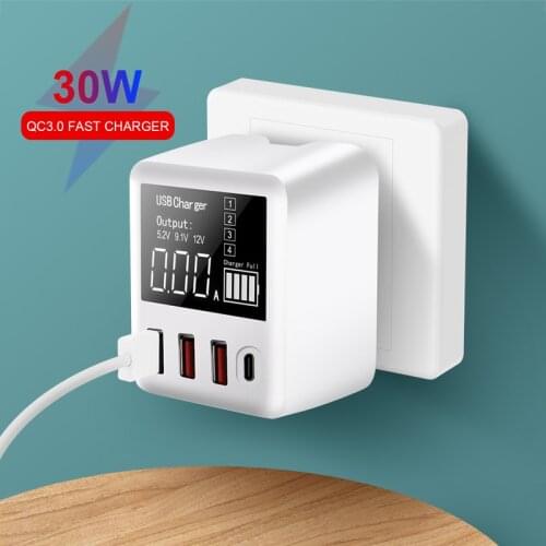 30W Phones Fast Charger QC 3.0 Micro USB Type C Power Adapter LED Display 3 USB Ports + 1 Type-C Port for iPhone Android Adapter