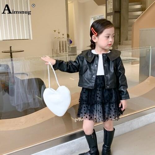 Aimsnug Children Faux Pu Leather Jacket Girls Single-breasted Jackets Long Sleeve Lepal Collar Top Outerwear Kids Clothing 2021