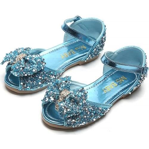 Elsa Princess Kids Leather Sandals For Girls Flower Casual Glitter Children Flat Heel Girls Shoes Knot Blue Pink Silver Sandals