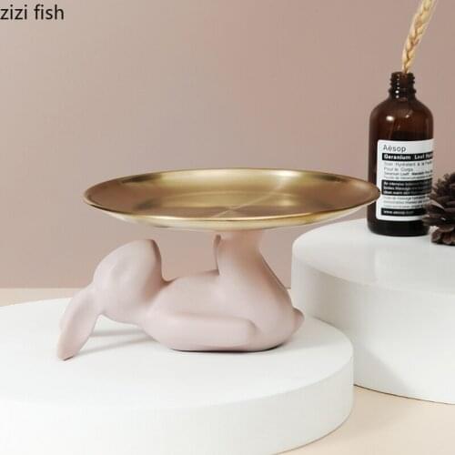 European Resin Pink Rabbit Tray Key Jewelry Tray Dressing Table Decoration Cartoon Animal Sculpture Storage Tool Home Decoration