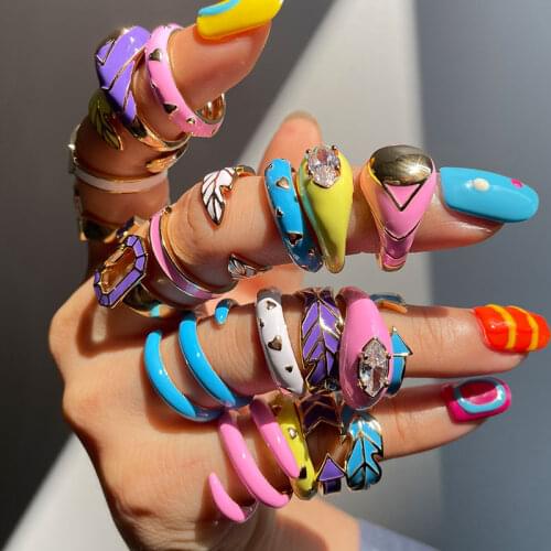 Geometry Irregular Colorful Metal Dripping Oil Feather Love Heart Zircon Rings for Women Party Jewelry Gift HUANZHI 2021 NEW INS