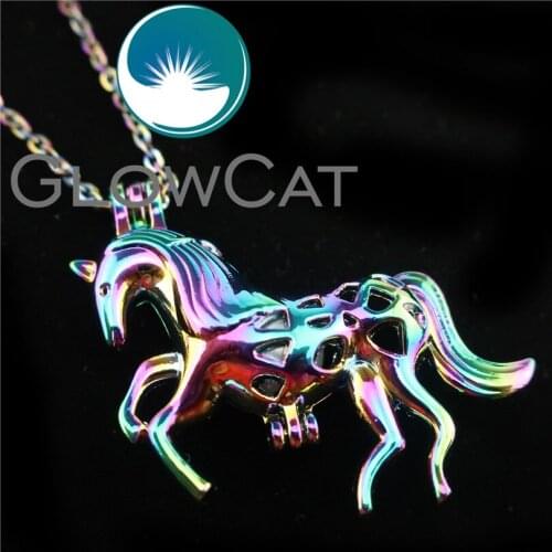 GLOWCAT R-C179 Rainbow Color Unicorn Beads Cage Pendant Perfume Diffuser Aromatherapy Pearl Cage Locket Necklace