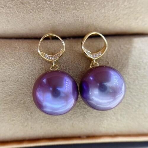 HENGSHENGPearl Earrings Fine Jewelry 18K Gold 11-12mm Nature Fresh Water Deep Purple Pearls Stud Earrings For Women Fine Present