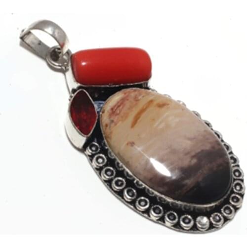 Jaspers + Coral Pendant Silver Overlay over Copper , 68 mm, P6886