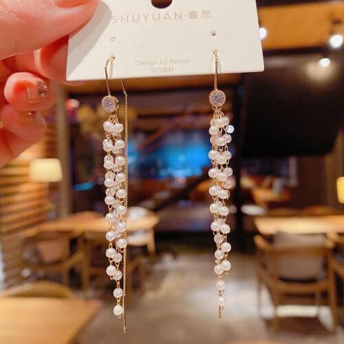 Korean temperament fashionpersonality pearl super fairy long tassel ear line simple personality modifies eardrop female of women