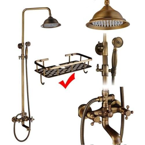 Brass Antique Bathroom Shower Faucet Set Wall Mount Dual Handle with Handshower + Shelf Brass Bathroom Shower Mixer Tap