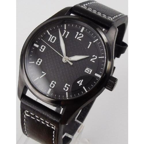 Black Plated 40mm Corgeut Mens Wristwatch PVD Coated Automatic Genuine NH35 Movement Date Leather Strap Screw In Crown