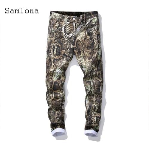 Samlona 2021 New Western Style Men Jeans Demin Pants Slim Bottom Classic Fashion Denim Trouser Snakeskin Print Skinny Pants Mens